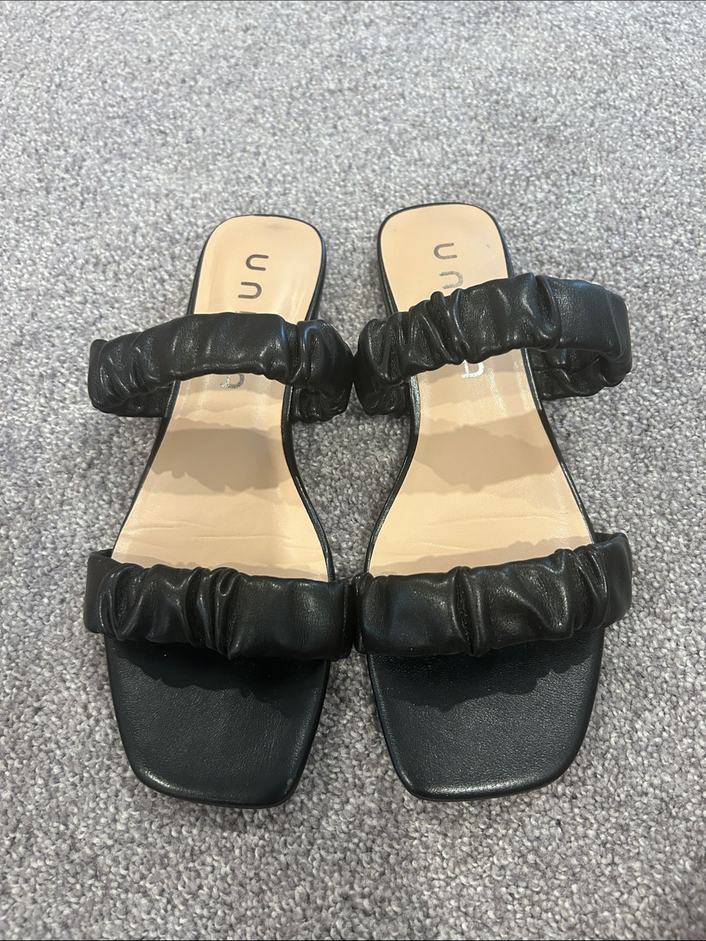 Unisa Black Ruched Double-Strap Slide Sandals
